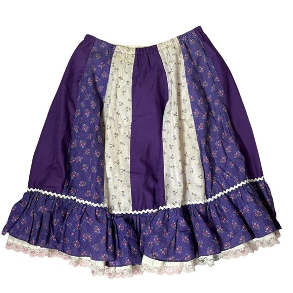 Vintage 80s Floral Prairie Skirt Lace Trim Medium Purple Patchwork Squaredancing - Picture 1 of 6